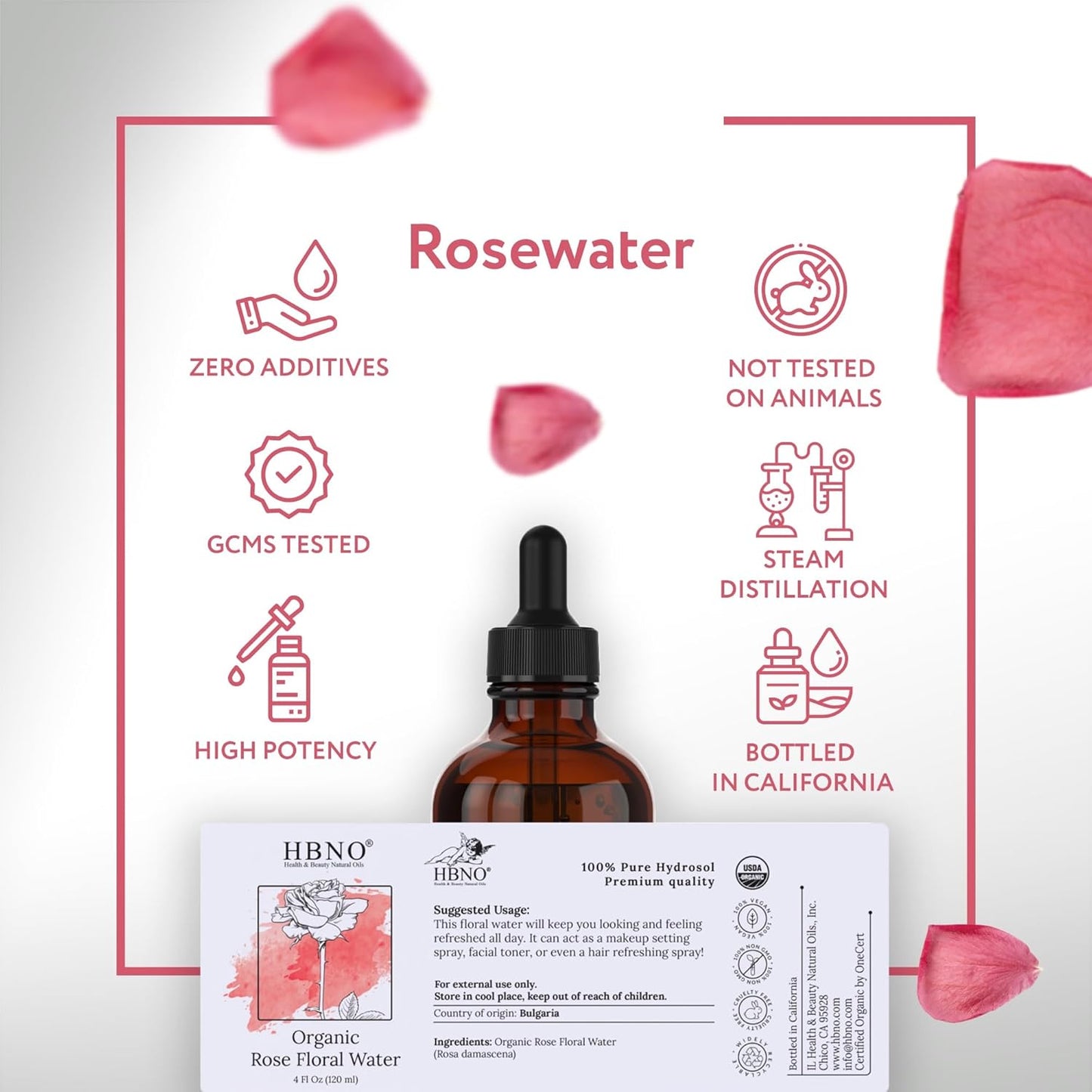 California Bottled Organic Rose Water for Face 4 Fl Oz (120Ml) - USDA Certified Organic Rose Water Spray for Face - Pure Rose Water for Hair - Rosewater Face Mist, Rose Water Spray for Cleansing