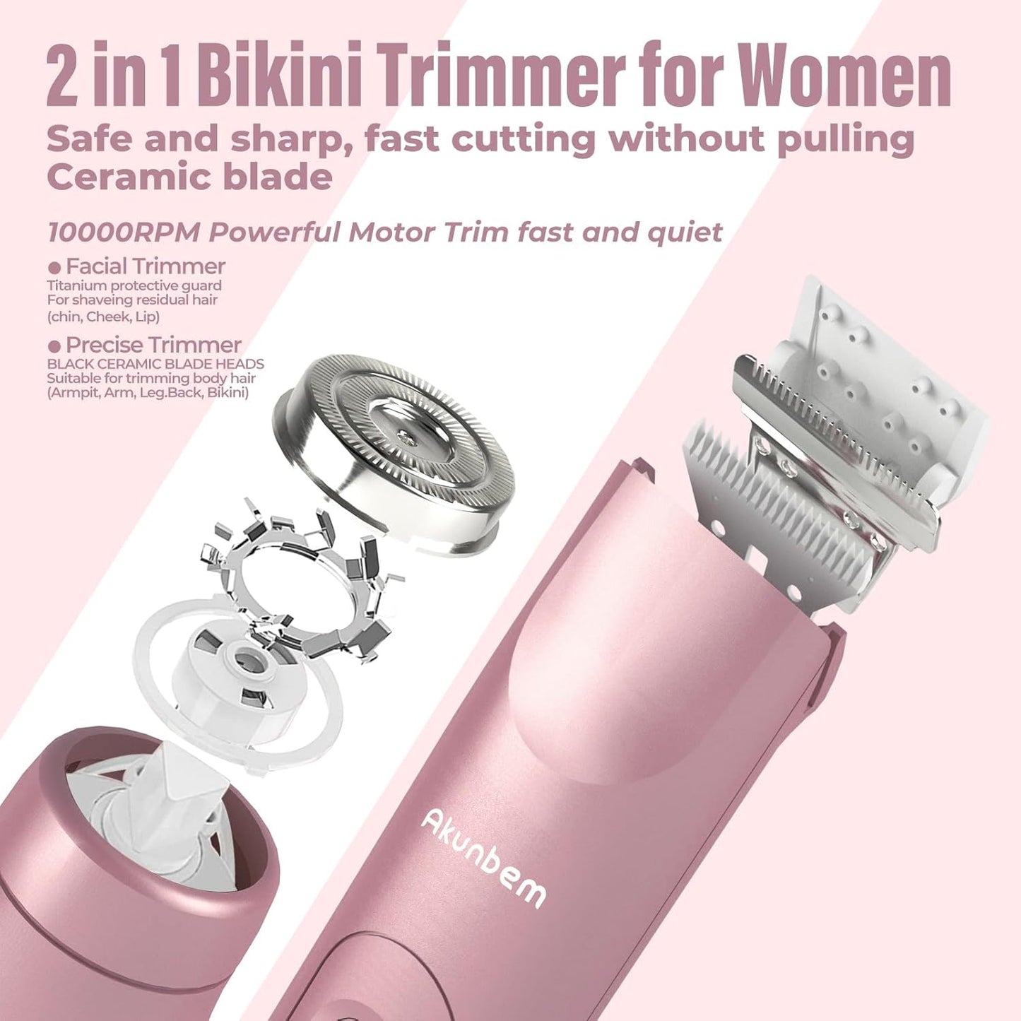 2 in 1 Women Electric Shaver Dual Head Bikini Trimmer for Women IPX7 Waterproof Wet & Dry Use Body Hair Trimmer and Facial Hair Remover for Bikini Underarm Leg Arm Body Face, Pink