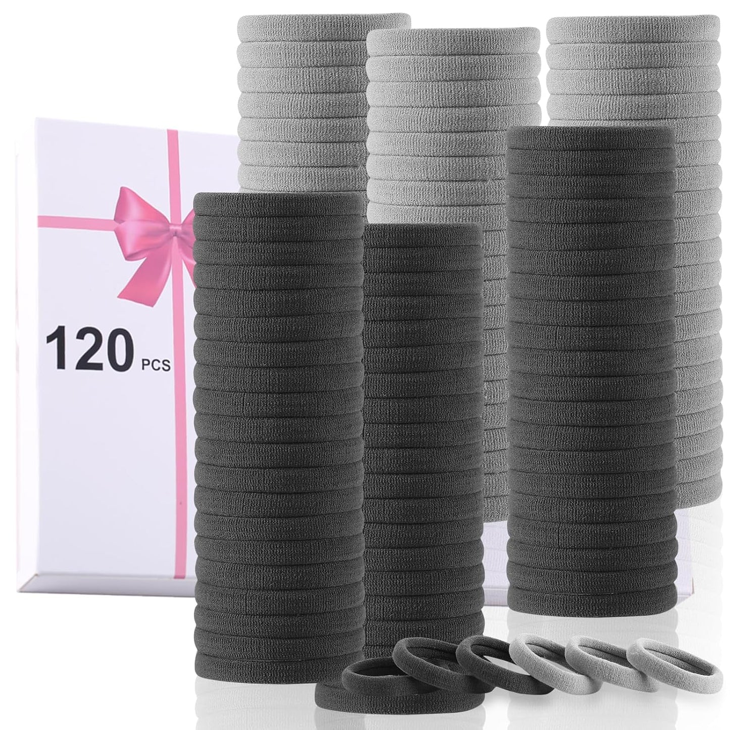 120 Pcs Black No Damage Hair Ties for Women Thick Hair, Large Soft Seamless Nylon Cloth Fabric Elastic Hair Ties Ponytail Holders Hair Elastics Hair Band,Perfect Valentine'S Day Gift for Women