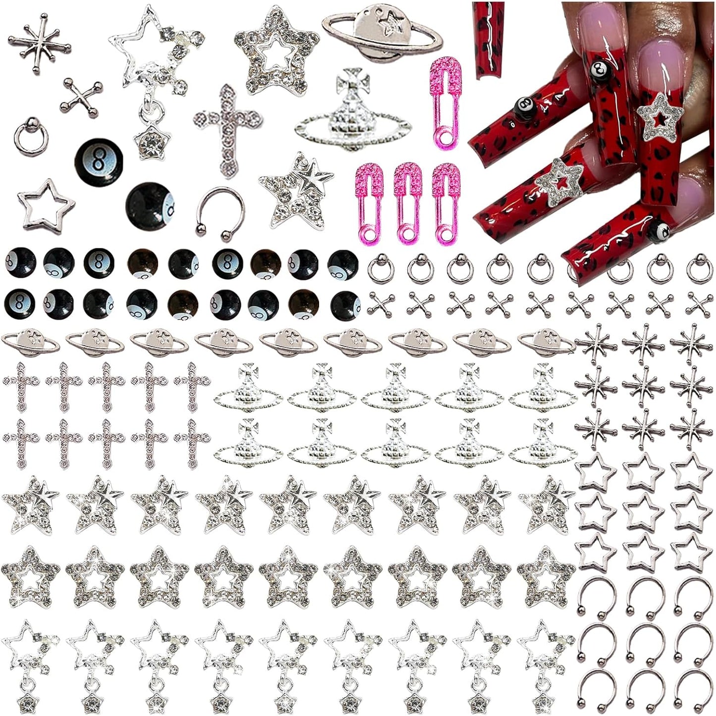 110PCS Star Nail Charms for Acrylic Nails,Silver Star Planet Cross Alloy Nail Art Decoration, Nail Stones Nail Jewels Accessories for Nail Art Supplies Manicure Craft DIY