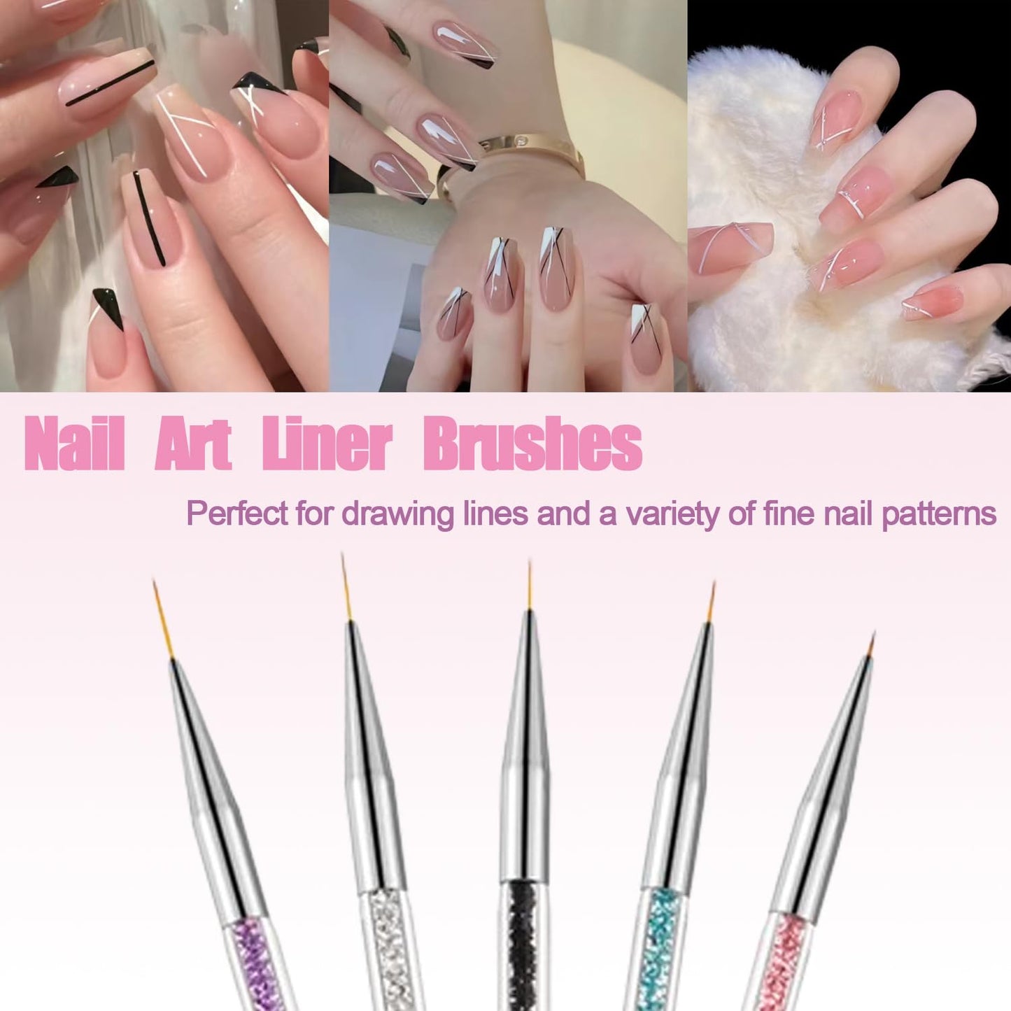 Nail Art Brushes, 5Pcs Nail Liner Brushes Double-Ended Acrylic Nail Brush Set 5/7/10/12/15Mm Nail Striping Brushes for French Nails Nail Dotting Pens