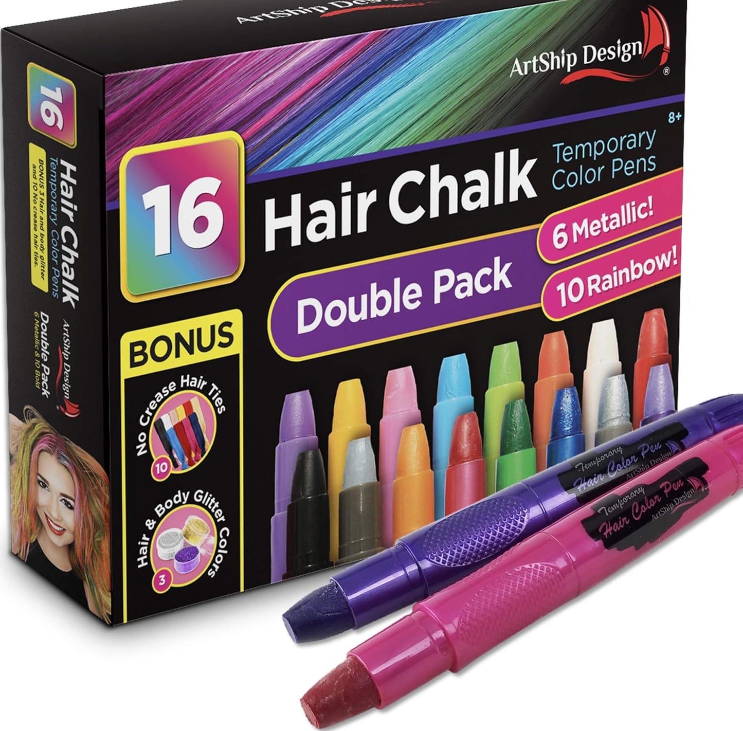 Hair Chalk 16 Color Double Pack with 6 Glitter Colors Temporary Hair Color Pens