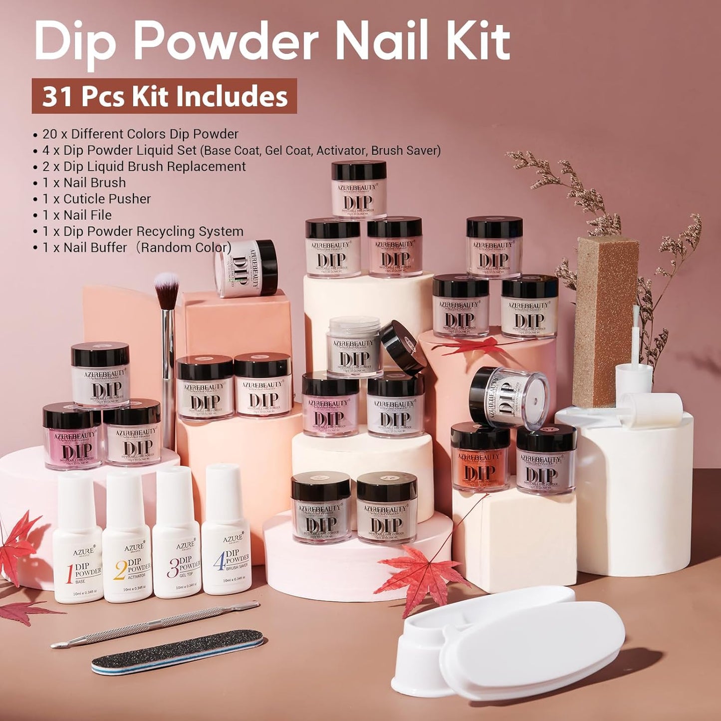 Dip Powder Nail Starter Kit Nude Pink Brown Grey Dipping Powder 20 Dark Light Trend Colors Recycling Tray Liquid Set Top Base Coat Activator for French Nail Art Manicure Salon