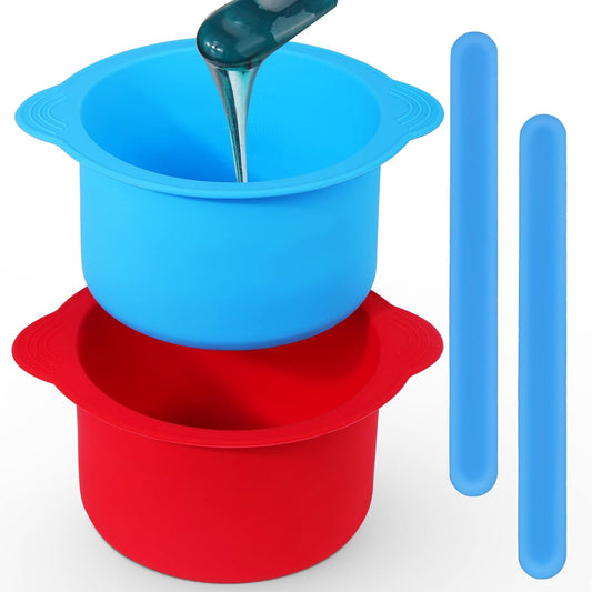 2Pcs Silicone Wax Warmer Liner, Non-Stick Wax Pot Silicone Bowl Replacement, Reuse Wax Melt Warmer Liner with 2Pcs Silicone Spatulas for Hair Removal(Blue+Red)