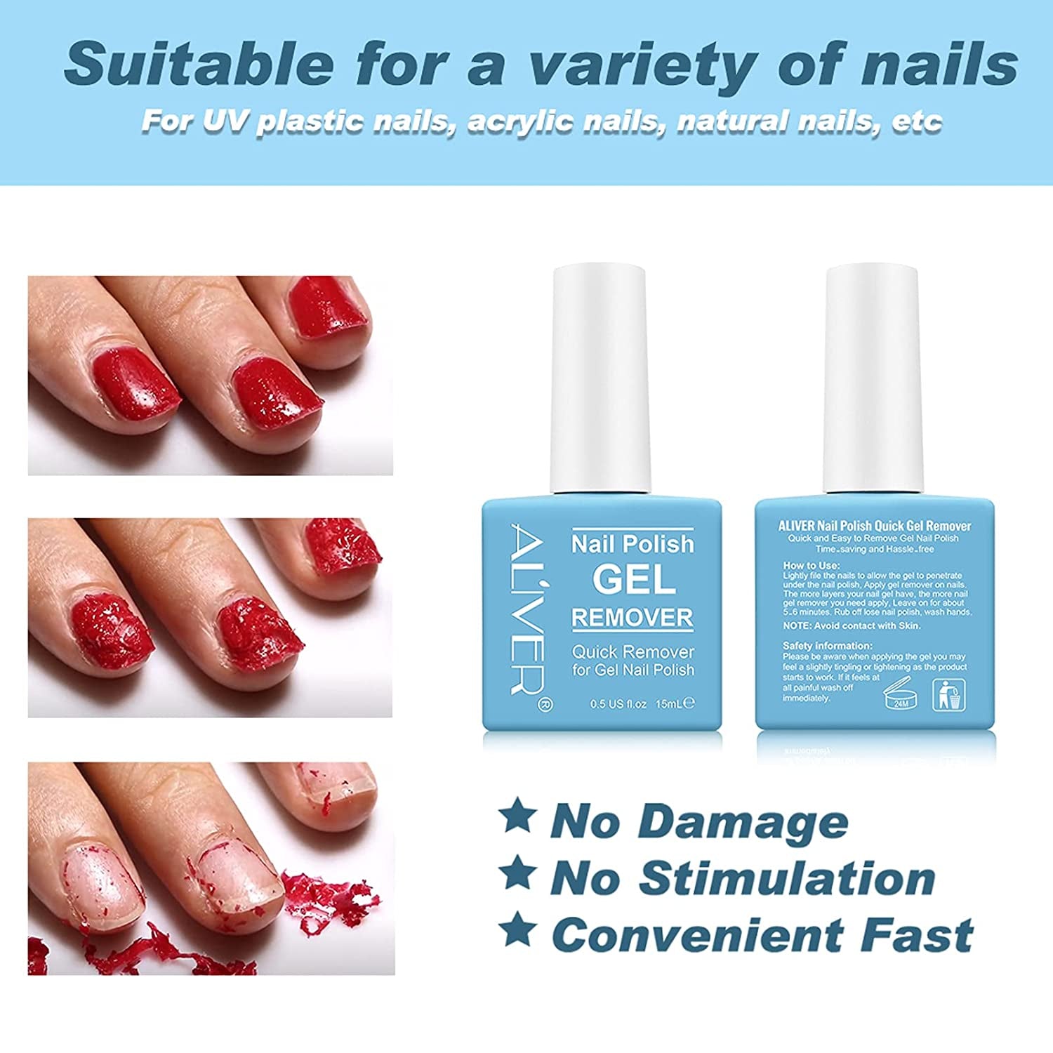 Gel Nail Polish Remover 1Pcs, Professional Gel Polish Remover for Nails, No Need for Foil, Quick & Easy Polish Remover in 2-3 Minutes, No Need Soaking or Wrapping-15Ml