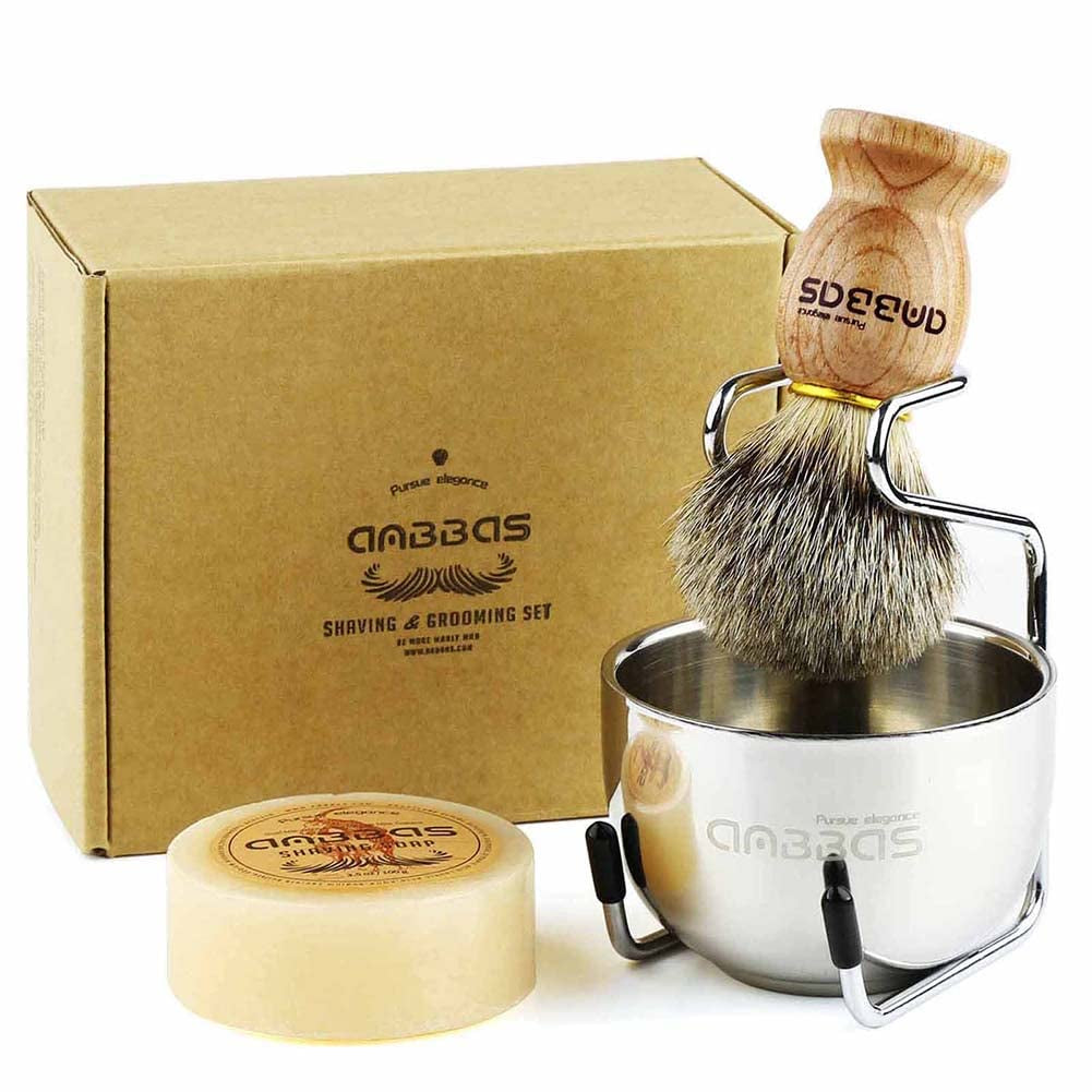 Pure Badger Hair Shaving Brush Solid Wood Handle with Goat Milk Shaving Soap 100G,Stainless Steel Shaving Stand and 2 Layers Shaving Bowl Kit Perfect for Men Gift