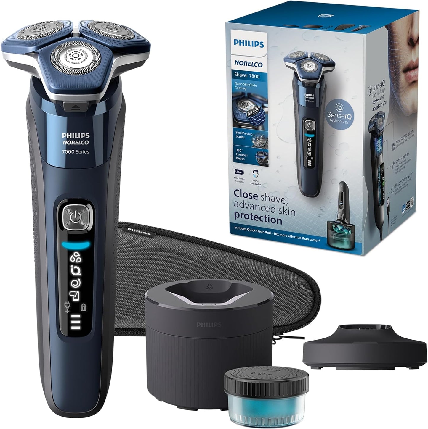 Shaver 7800, Rechargeable Wet & Dry Electric Shaver with Senseiq Technology, Quick Clean Pod, Charging Stand, Travel Case and Pop-Up Trimmer, S7885/85