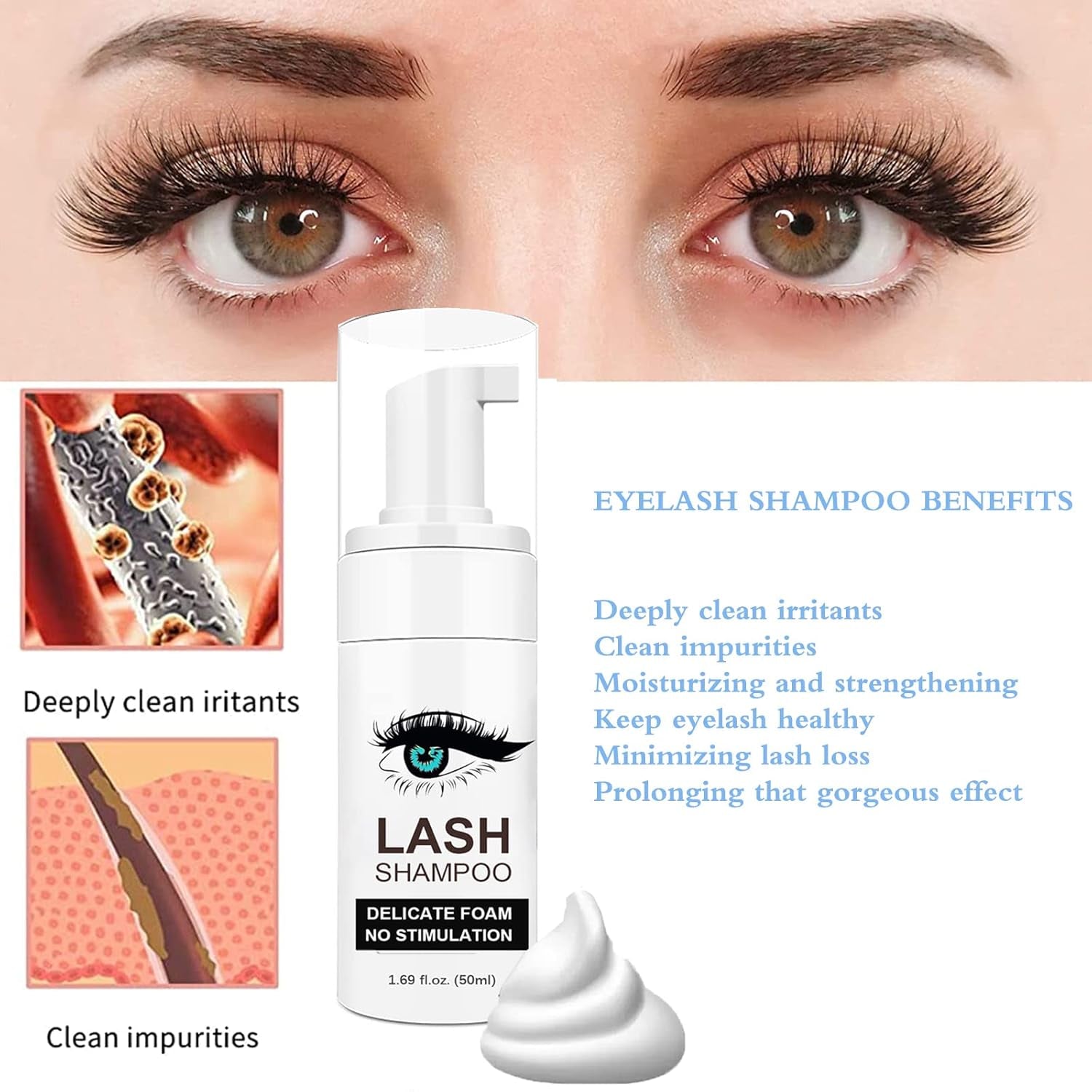 Lash Shampoo for Lash Extensions, Lash Fan with 50Ml Eyelash Foam Cleanser and 50 Pcs Eyelash Brush and Rinse Bottle Oil Free/Sulfate Free Eyelash Wash Remover for Eyelash Extension Wash, Black