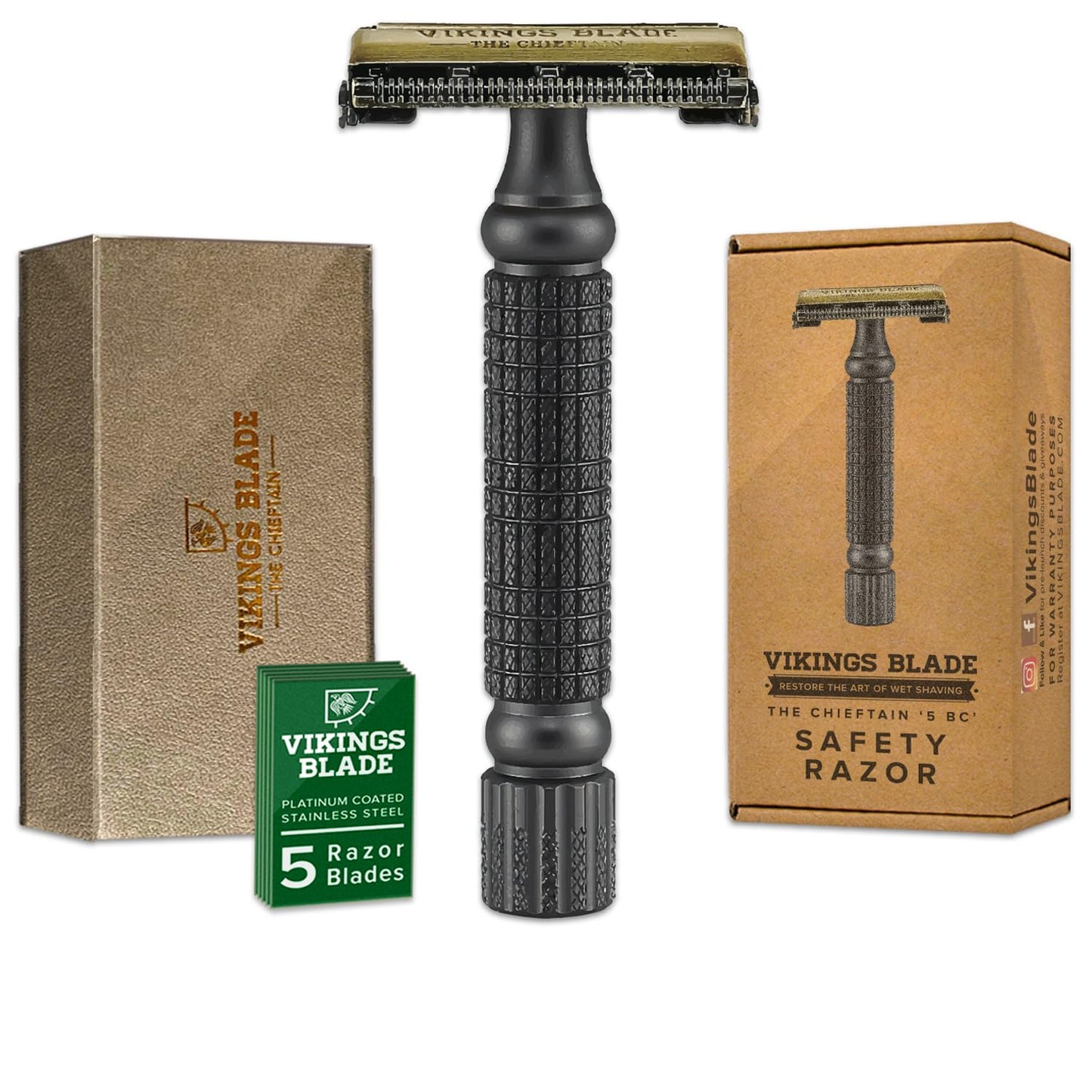 Double Edge Safety Razor for Men + 5 Swedish Steel Blades + Luxury Case. Smooth, Reusable, Eco-Friendly (Chieftain “Odin”)