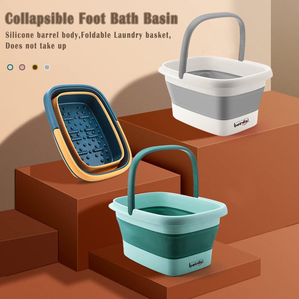 Collapsible Foot Bath Basin for Soaking Feet,Foot Soak Tub,Plastic Foot Bucket with Handles and Massage Acupoint,Foldable Laundry Basket-Gery