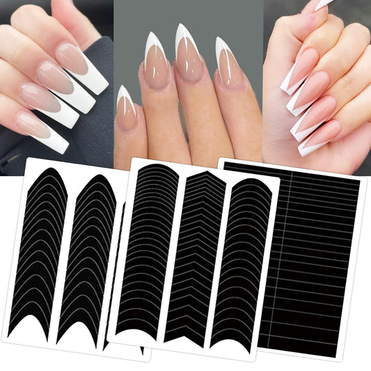 1860 Pcs French Tip Nail Guides, Self-Adhesive French V-Shaped Moon Shaped Manicure Strip Stickers for Edge Auxiliary Black DIY Decoration Stencil Tools(5 Designs, 36 Sheets)