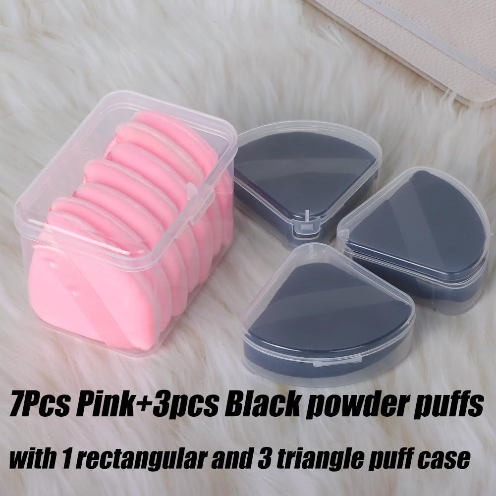 10Pcs Triangle Powder Puffs for Face Powder,Soft Velour Makeup Setting Powder Puff with Case,Black&Pink