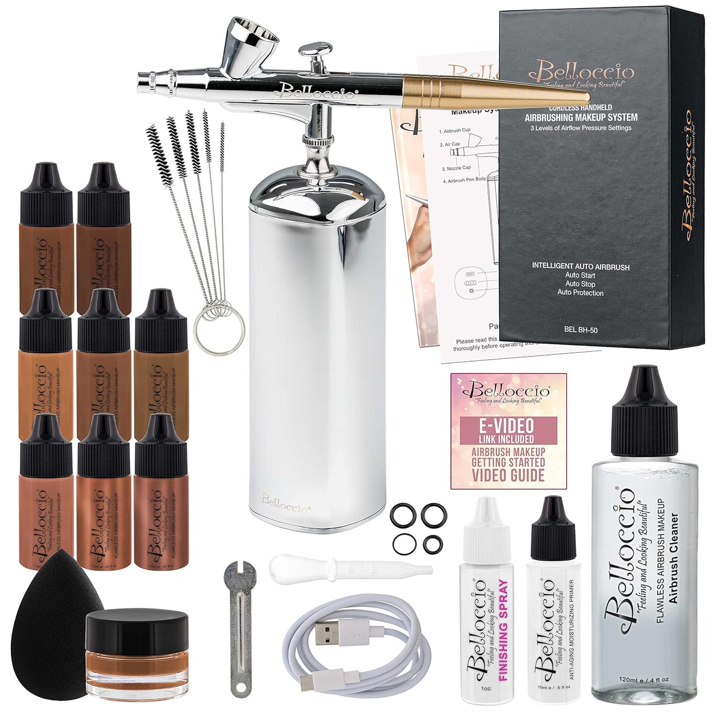 Professional Beauty Airbrush Cosmetic Makeup System with 4 Medium Shades of Foundation in 1/4 Ounce Bottles - Kit Includes Blush, Bronzer and Highlighters