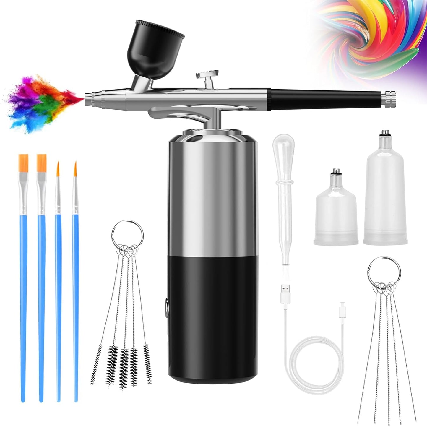 Airbrush-Kit Air Brush Kit with Air Compressor Nail Paint Wireless Air Brush for Barber, Nail Art, Cake Decor, Makeup, Model Painting (Silver Black)