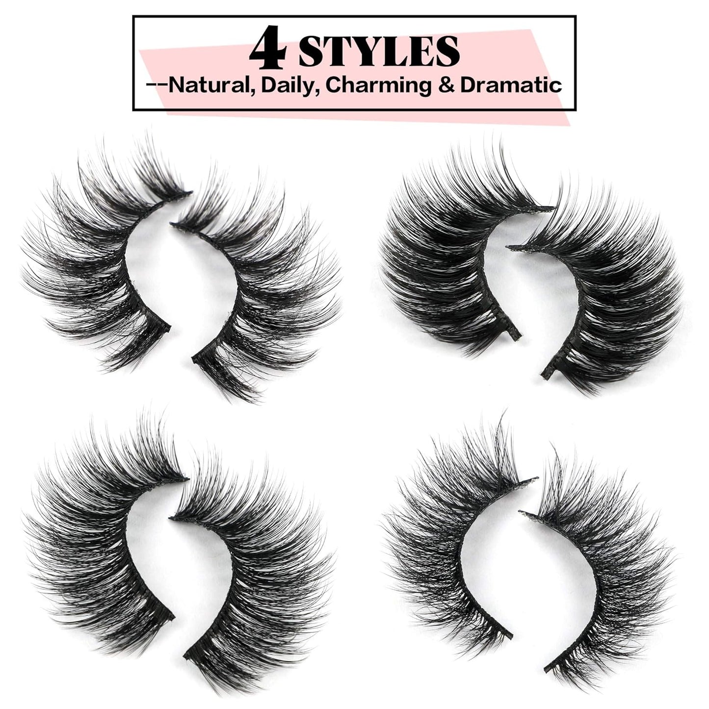 20 Pairs False Eyelashes 4 Styles Mink Eyelashes Fluffy Pack 3D Volume Faux Mink Cat Eye Lashes Pack