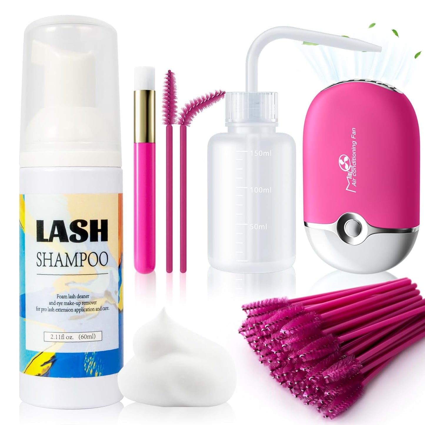 Lash Shampoo for Lash Extensions - 60ML Lash Extension Cleanser with Lash Fan Cleaning Brush Rinse Bottle and 50 Pcs Mascara Brush, Rich Foam Lash Wash for Eyelash Extension Home Use(Pink)