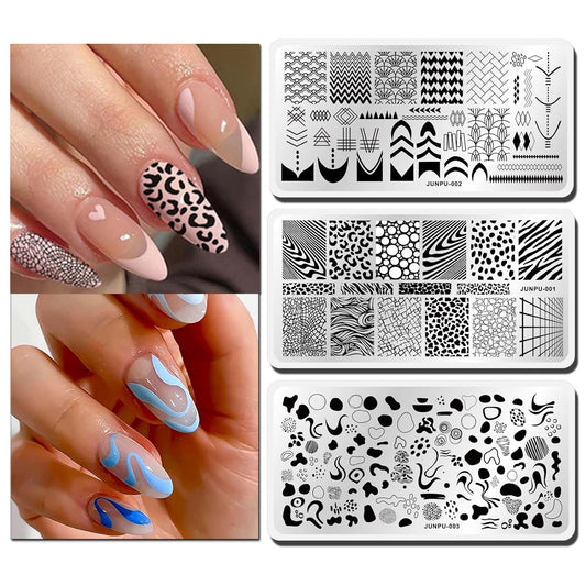 French Nail Stamping Plate, 3Pcs Geometric Nail Stamp Plates Leopard Stripes Line Graffiti Nail Stamper Templates Plaid Print Nail Stencils Stainless Steel Nail Image Plates 12×6Cm