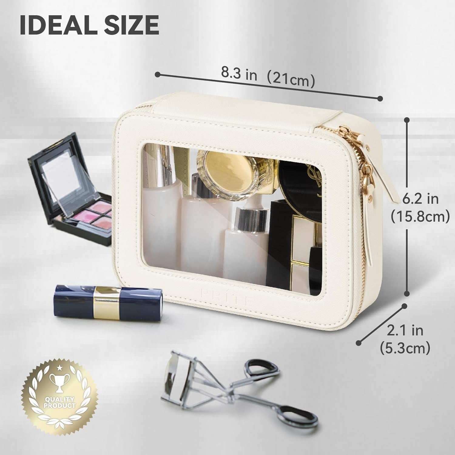 Clear Makeup Bag Cosmetic Organizer Case Waterproof Travel Toiletry Bag Skincare Pouch with Golden Zipper(Beige)