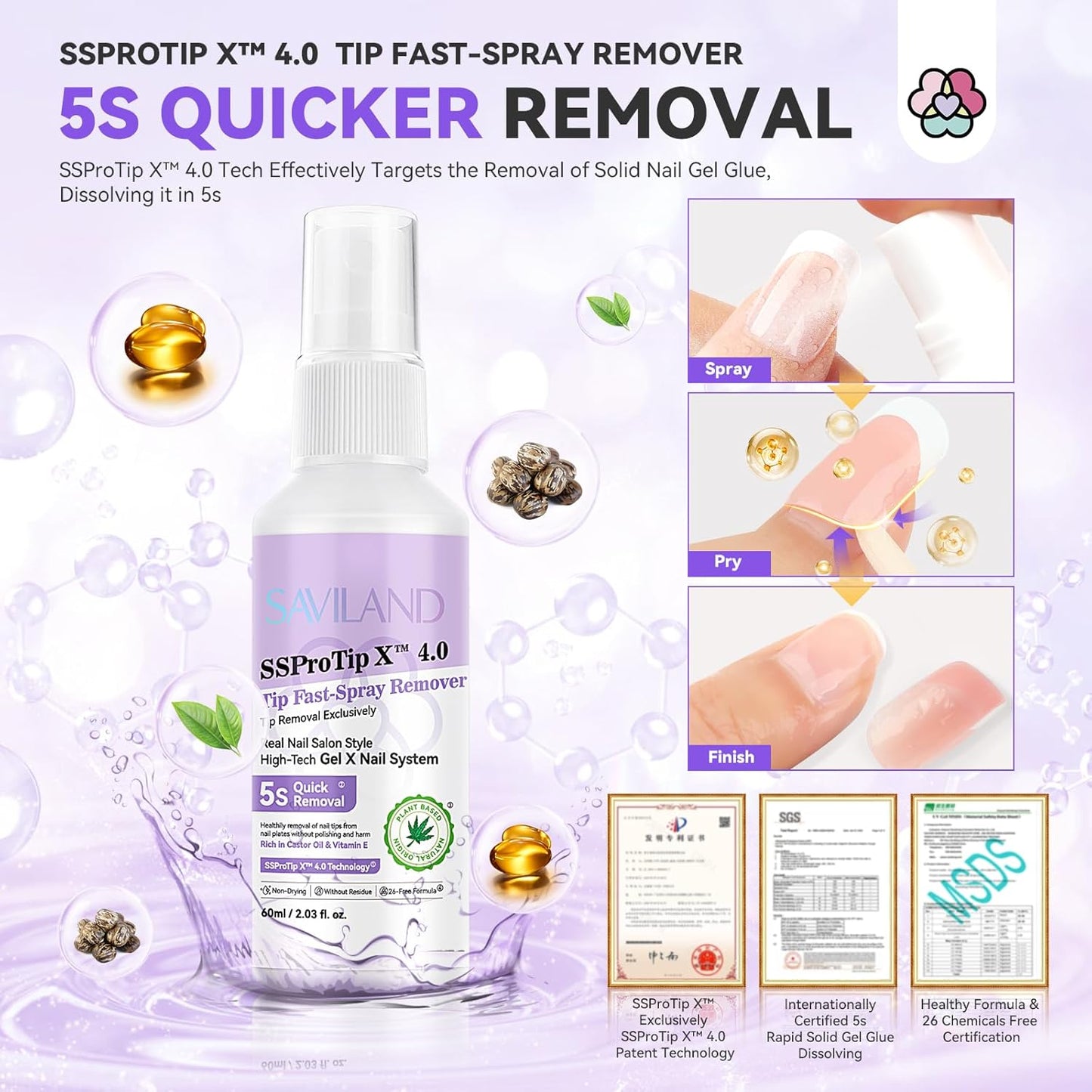 Solid Nail Glue Remover Spray: 60Ml Quick Removal for Solid Nail Glue Gel | Gel Nail Glue Removal Gel X Nail | Odorless No Acetone Castor Oil VE 5S Fast Remover Easy Home Use