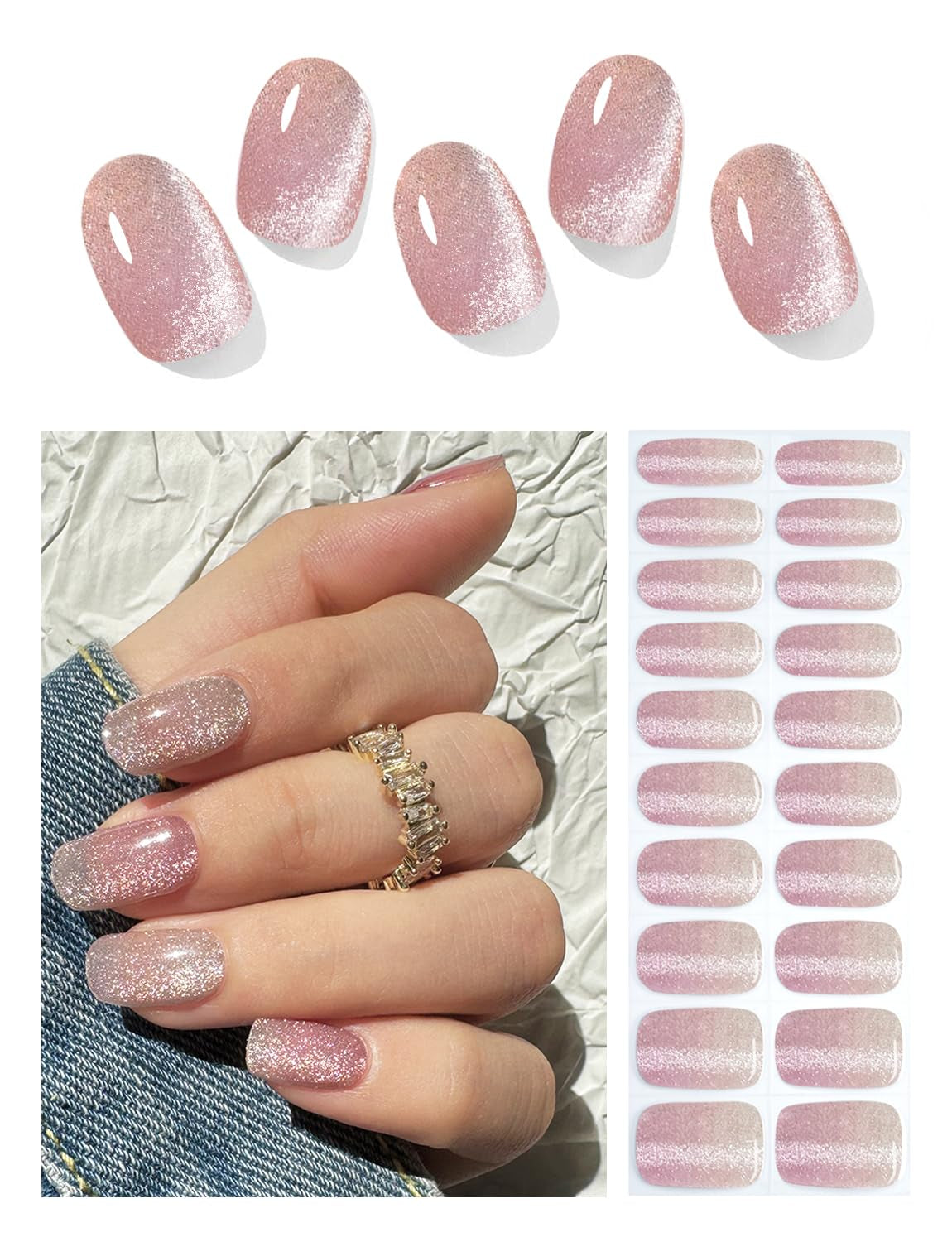 Semi Cured Gel Nail Strips, Nude Cat Eye Gradient 20Pcs Semi Cured Gel Nails Sticker, Gel Nail Wraps UV for Home Nails DIY