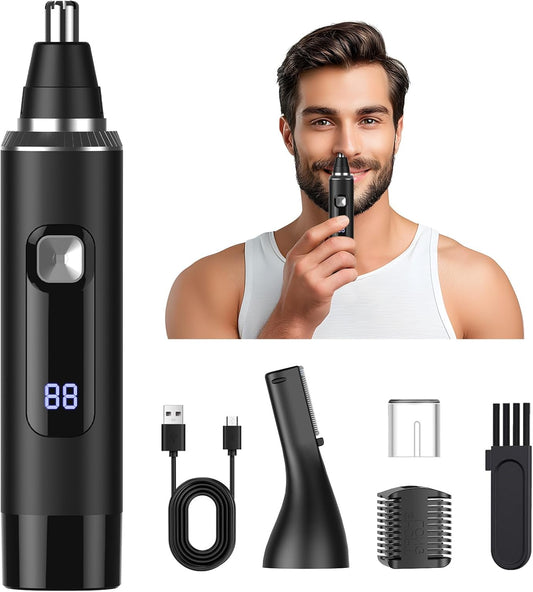 LED Display Ear and Nose Hair Trimmer Clipper for Men Women,2025 Rechargeable 2 in 1 Professional Painless Eyebrow & Facial Hair Trimmer with Powerful Motor and Dual-Edge Blades Easy Cleansing