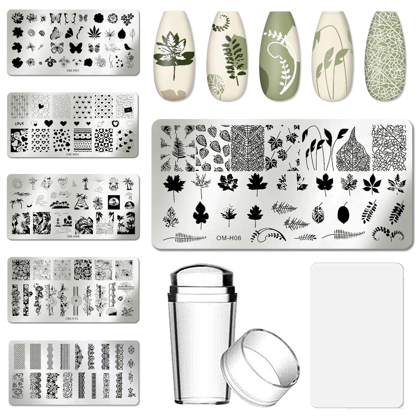 Nail Art Stamper Kit 6Pcs Flower Heart Leaf Lace Butterfly Stamping Plate Template with Silicone Nail Stamper and Scraper for Women Girls DIY Fingernail Manicure Stencils Tools