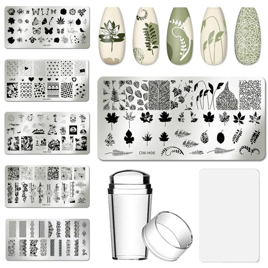 Nail Art Stamper Kit 6Pcs Flower Heart Leaf Lace Butterfly Stamping Plate Template with Silicone Nail Stamper and Scraper for Women Girls DIY Fingernail Manicure Stencils Tools