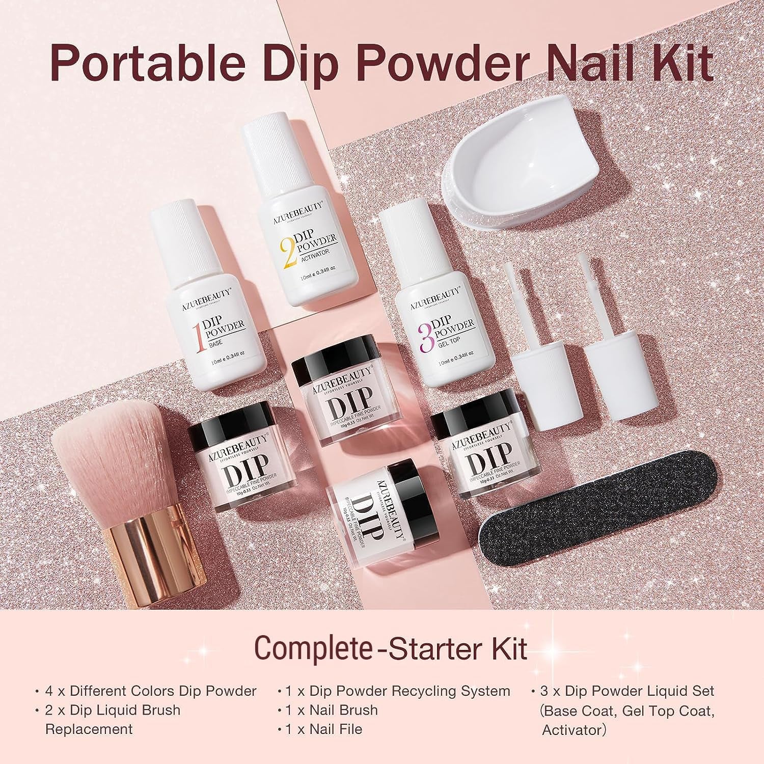 Dip Powder Nail Kit Starter, All Season Nude Skin Glitter 4 Colors Dipping Powder Liquid Set Recycling Tray with Base & Top Coat Activator for French Nail Art Manicure Salon DIY at Home.