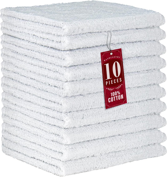 10 Pack 100% Cotton Wash Cloth, Luxurious Soft, 12 X 12 Inch Ultra Absorbent, Machine Washable Premium Quality Washcloths, White (10 Pack)