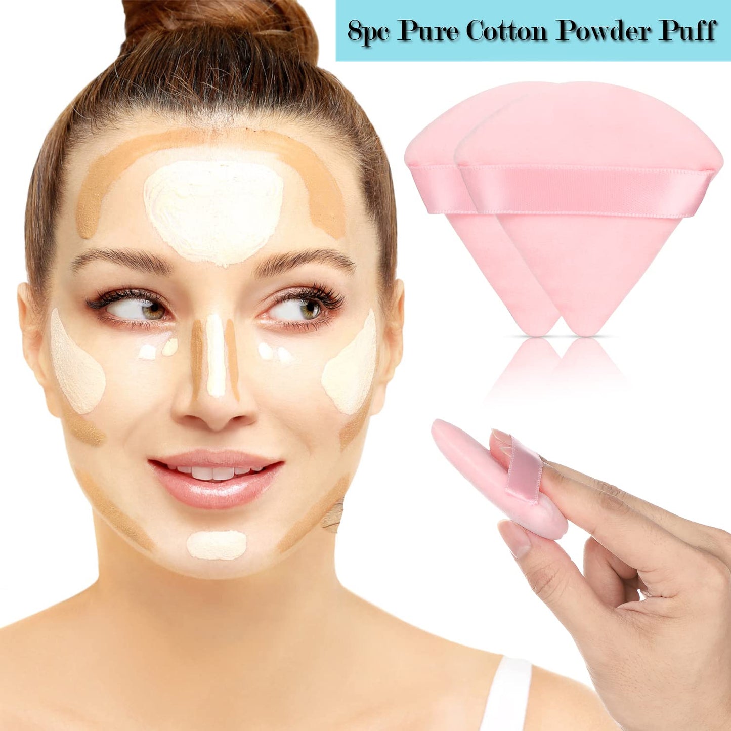 8 Pcs Cotton Powder Puff Face, Triangle Super Soft for Both Dry and Wet Makeup Setting/Concealer/Loose and Body Powder/Foundation/Blush Makeup Sponge Set (Pink)