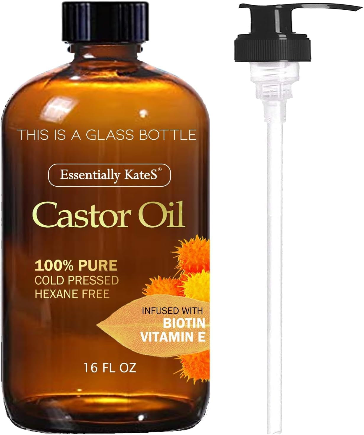 Castor Oil 16 Fl Oz (Glass Bottle) - Original Unrefined - a Huge Glass Bottle with a Pump - 100% Pure and Natural, Cold Pressed, and Hexane-Free - Hair Oil, Body Oil