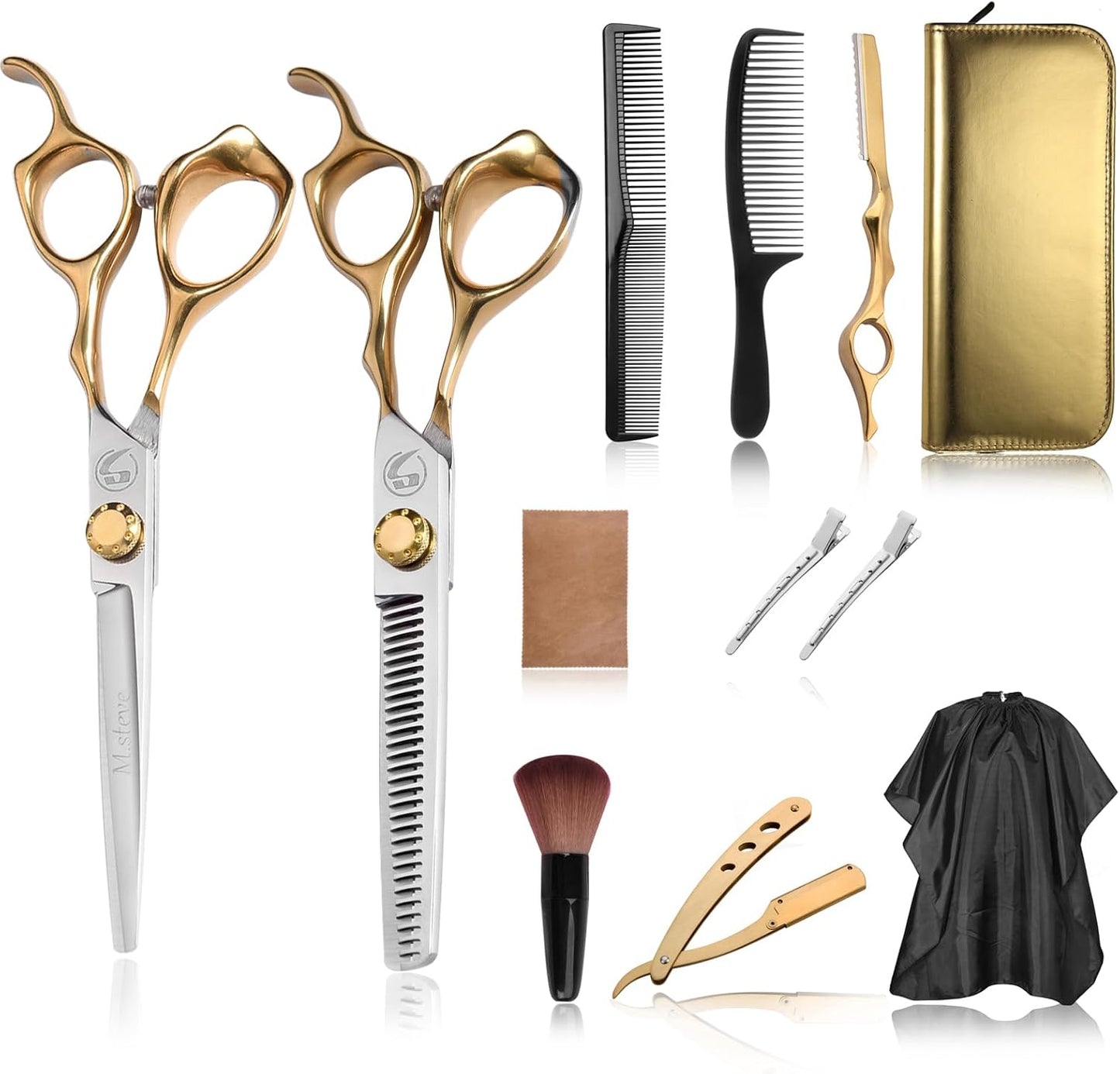 Hair Cutting Scissors Kit, Hair Scissors Professional Haircut Scissors with Stainless Steel Hair Shears, Thinning Shears, Haircut Accessories in Leather Case for Salon/Home- 10PCS Gold Black