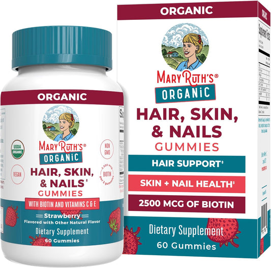 Hair | Skin | and Nails Vitamins | Biotin Gummies with Vitamin C & Vitamin E | Hair Growth Vitamins | Skin Care | Nail Strength | USDA Organic Gummies for Ages 14+ | 60 Count