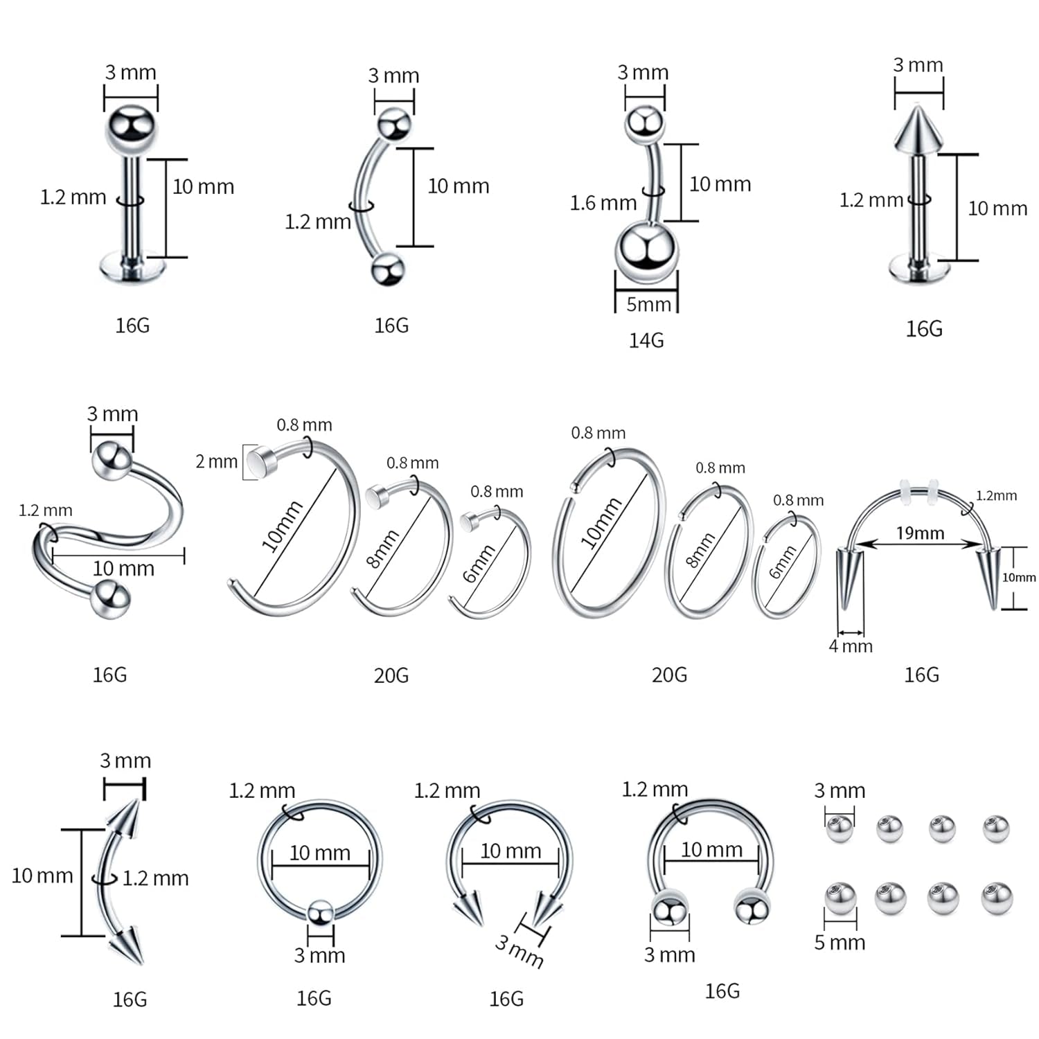 94PCS Mixed-Pack Piercing Kits for All Body Piercings Stainless Steel 14G 16G 20G Jewelry and Needle with Tools Nose Septum Lip Ear Belly Button Cartilage Tragus