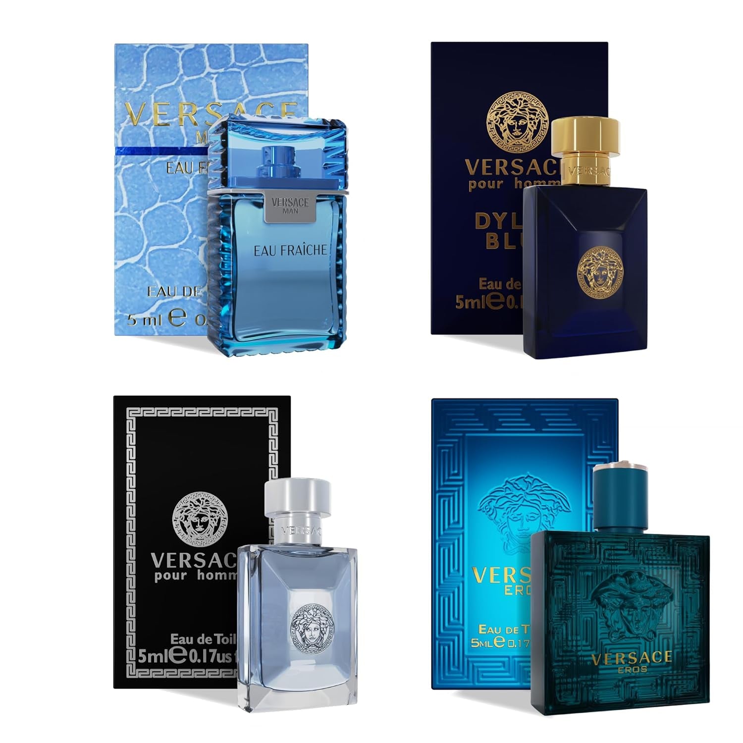 Cologne for Men Set of 4 Mini Eros, Pour Homme, Dylan Blue, Eau Fraiche Perfume for Men Fragrance Sampler Set - Designer Mens Cologne Samples (4 Count, 0.17 Oz)