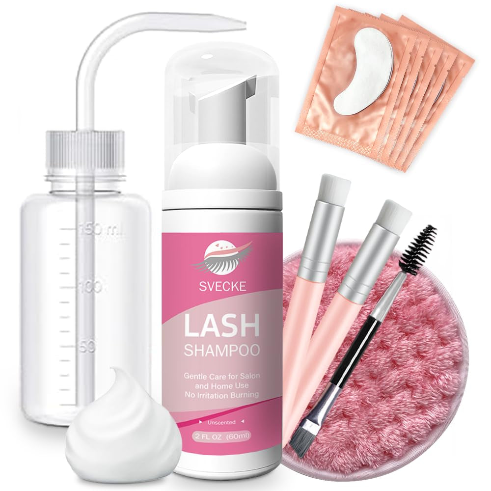 Lash Shampoo Kit for Eyelash Extension, Eyelash Shampoo 2 Fl.Oz / 60Ml, Eyelash Extension Cleanser, Lash Eyelid Foam Cleaning Kit for Salon Use and Home Use (Peach)