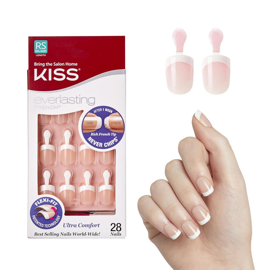 Everlasting French Nail Manicure, Chip-Free with Flexi-Fit Technology, Real Short, "Endless", Nail Kit with Pink Nail Glue (Net Wt. 2 G / 0.07Oz.), Mini File, Manicure Stick, and 28 Fake Nails