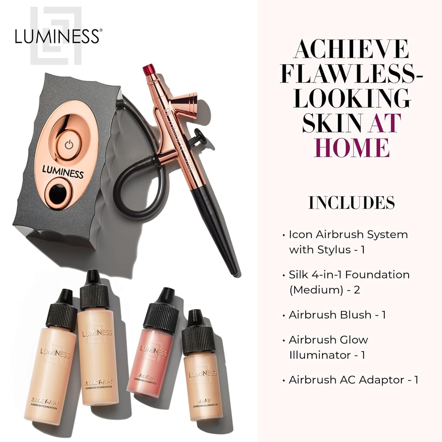 Air Icon Makeup Airbrush System and 4-Piece Foundation Starter Kit, Medium Coverage - Quick, Easy & Long Lasting Application - Includes Silk 4-In-1 Foundation, Highlighter & Blush