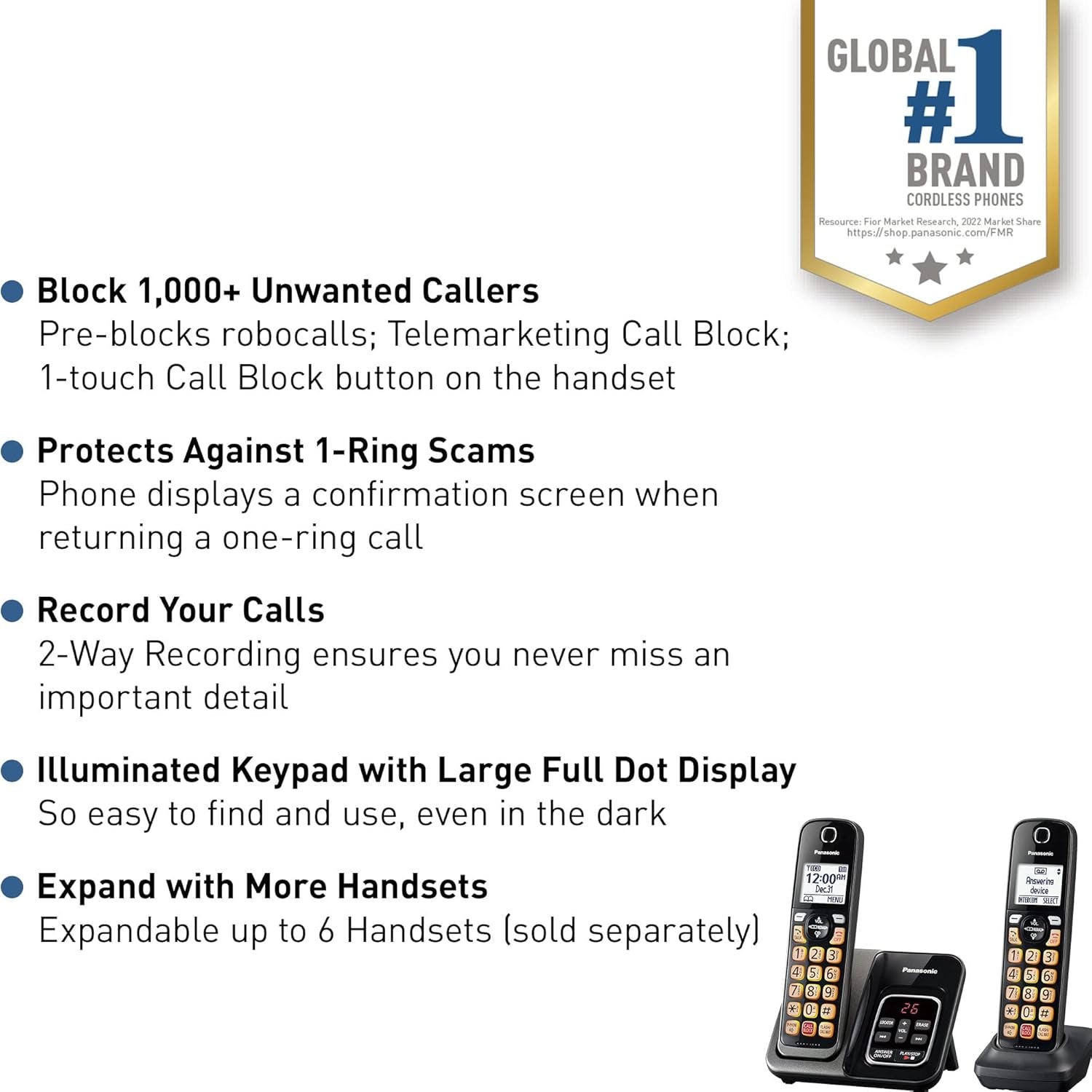 Cordless Phone with Answering Machine, Advanced Call Block, Bilingual Caller ID and Easy to Read High-Contrast Display, Expandable System with 2 Handsets - KX-TGD832M (Metallic Black)