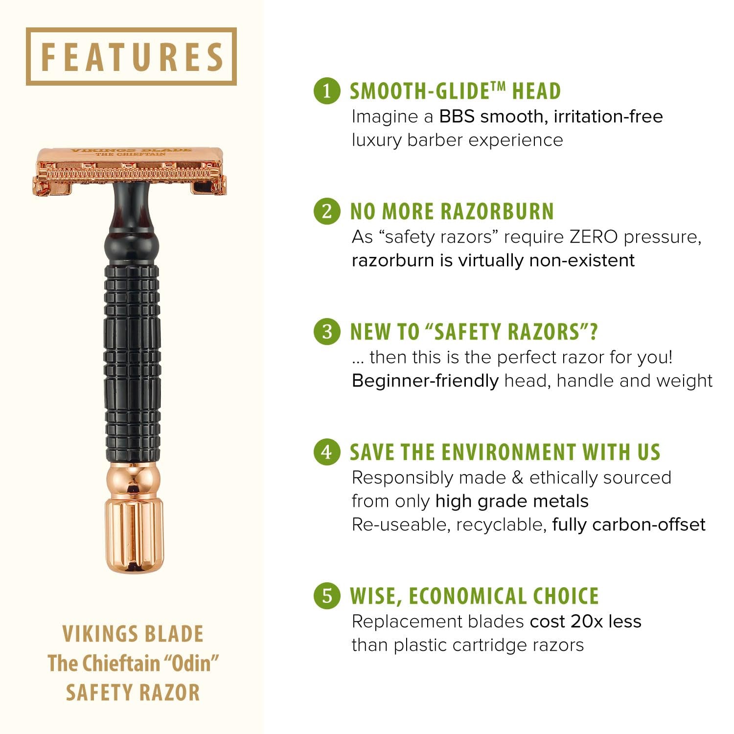 Double Edge Safety Razor for Men + 5 Swedish Steel Blades + Luxury Case. Smooth, Reusable, Eco-Friendly (Chieftain “Odin”)