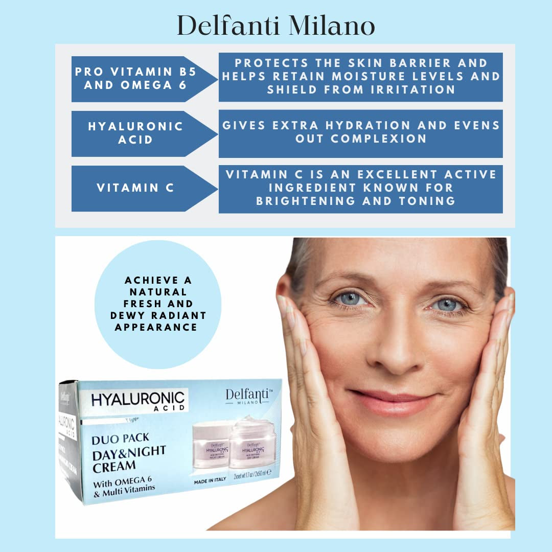 Delfanti Milano • HYALURONIC • Age Defying DUO Pack • Day + Night Creams • Face, Neck Décolleté Moisturizing Cream for Firming, Tightening and Wrinkles • Made in Italy