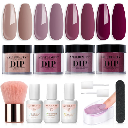 Dip Nails Powder Starter Kit,  4 Colors Intellectual Lady Brown Purple Dipping Powder Set with Base & Top Coat Activator Recycling Tray for French Nail Art Manicure Salon DIY at Home