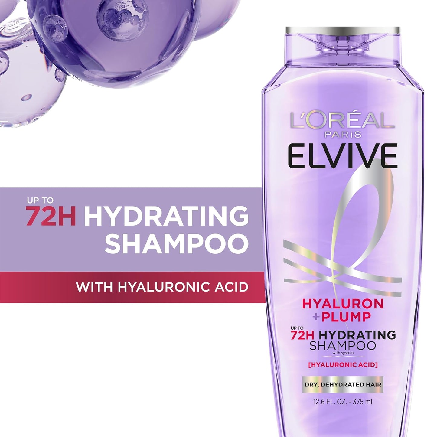 Elvive Hyaluron Plump Hydrating Shampoo for Dehydrated, Dry Hair Infused with Hyaluronic Acid Care Complex, Paraben-Free, 12.6 Fl Oz