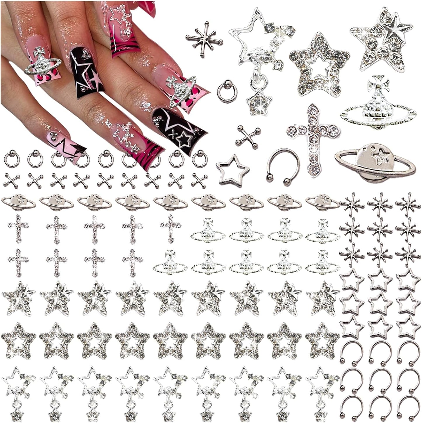 110PCS Star Nail Charms for Acrylic Nails,Silver Star Planet Cross Alloy Nail Art Decoration, Nail Stones Nail Jewels Accessories for Nail Art Supplies Manicure Craft DIY