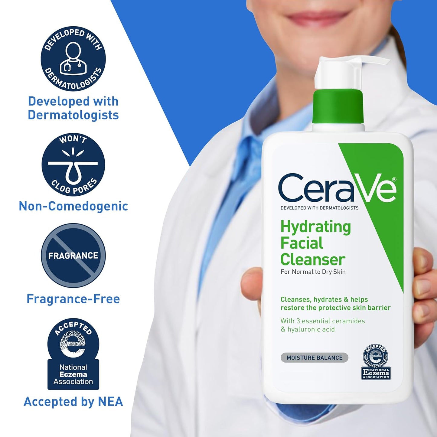 Hydrating Facial Cleanser, Moisturizing Face Wash for Dry Skin, Hyaluronic Acid + Ceramides + Glycerin, Hydrating Cleanser for Normal to Dry Skin, National Eczema Association Certified