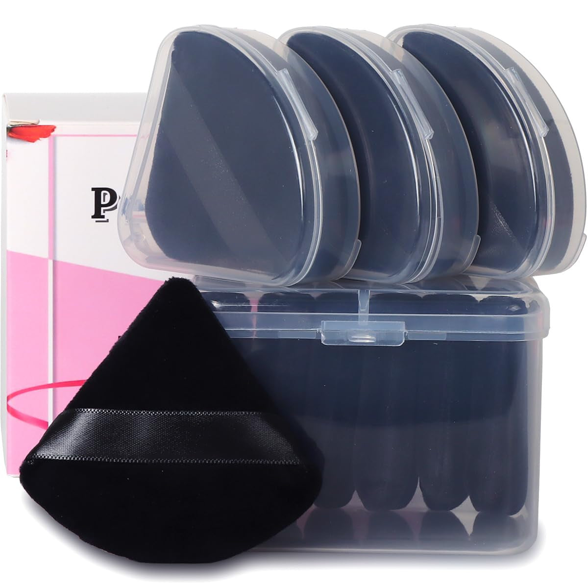 10Pcs Triangle Powder Puffs for Face Powder,Soft Velour Makeup Setting Powder Puff with Case,Black&Pink