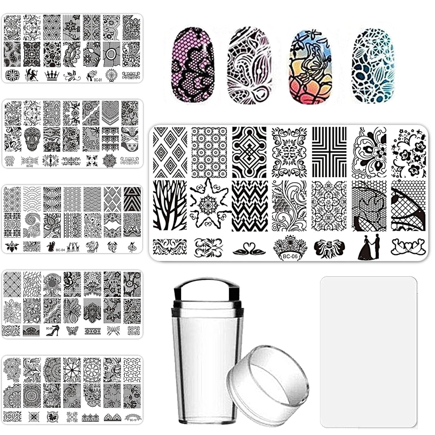 Nail Art Stamper Kit 6Pcs Flower Heart Leaf Lace Butterfly Stamping Plate Template with Silicone Nail Stamper and Scraper for Women Girls DIY Fingernail Manicure Stencils Tools