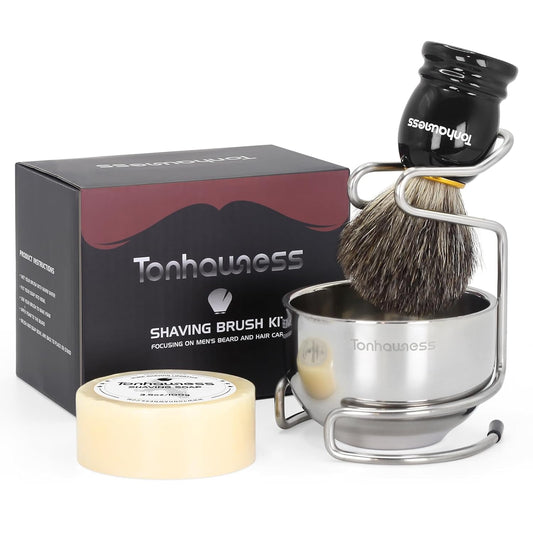 Shaving Brush Kit for Men, 4 in 1 Shaving Brushes Set Includes Badger Hair Shave Brush, Shaving Bowl & Stand and Shaving Soap Kit for Men’S Shave Gift