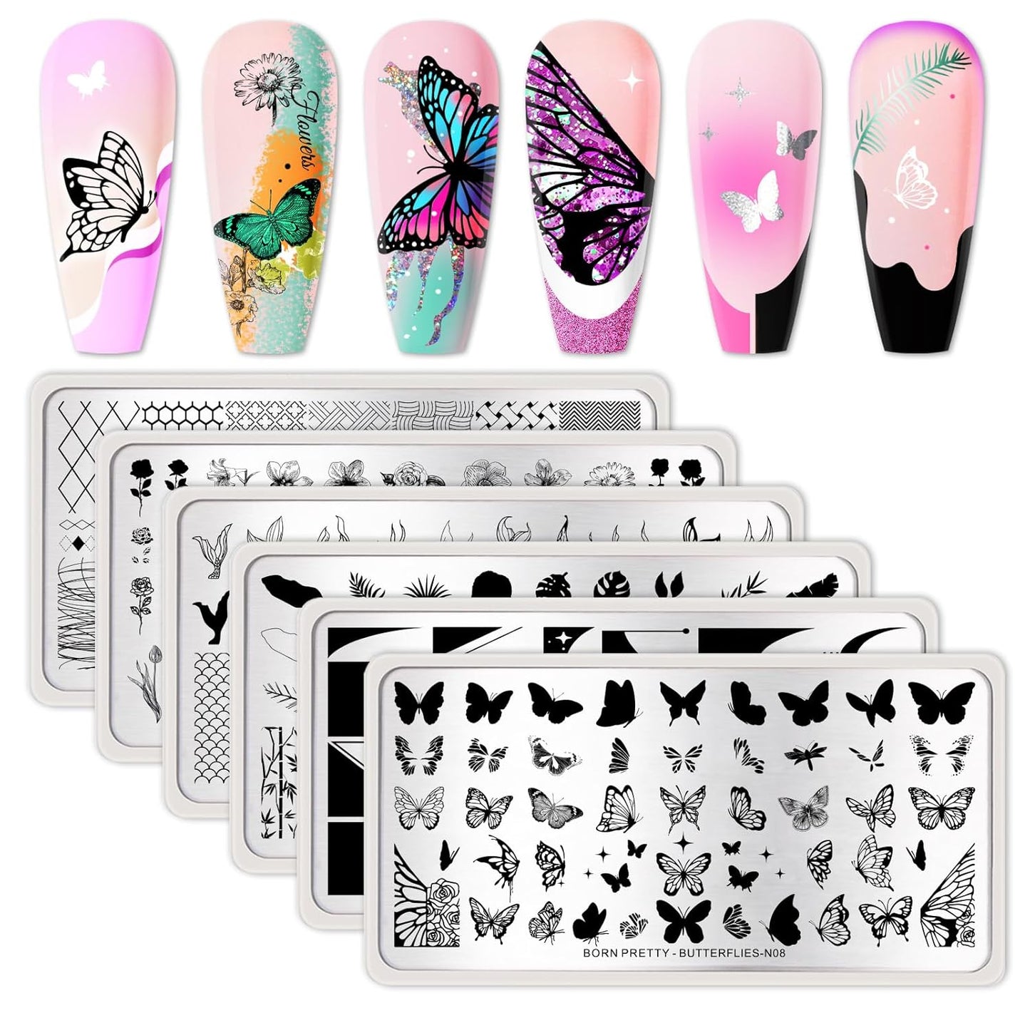 Nail Stamping Plates Set Plaid Flowers Leaves Lace Nail Art Image Plates Spring into Winter Stamp Templates Kit Image Manicuring DIY Printing Tools 8PCS