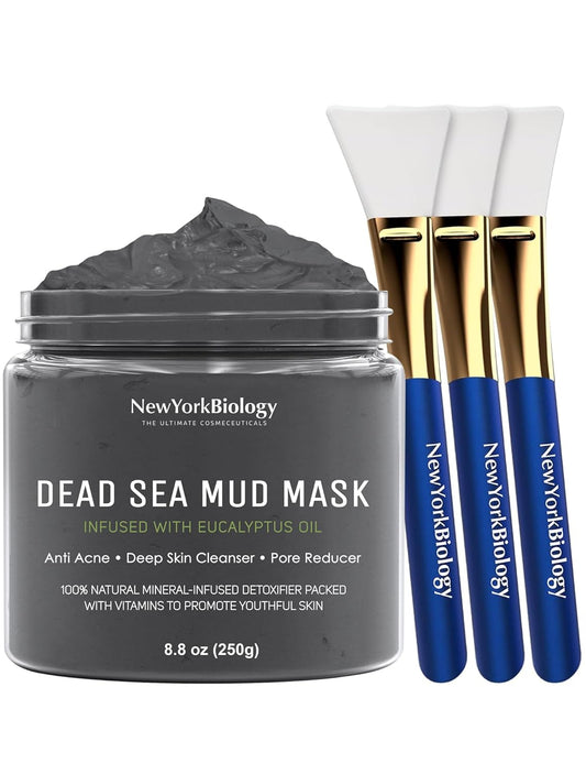 New York Biology Dead Sea Mud Mask for Face and Body Infused with Eucalyptus with 3 Pcs Face Mask Brush Applicators - Spa Quality Pore Reducer for Acne, Blackheads and Oily Skin